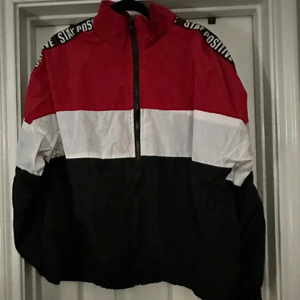 NWT New Look Zip Up Jacket Size 1X Red, Black and White “Stay Positive”